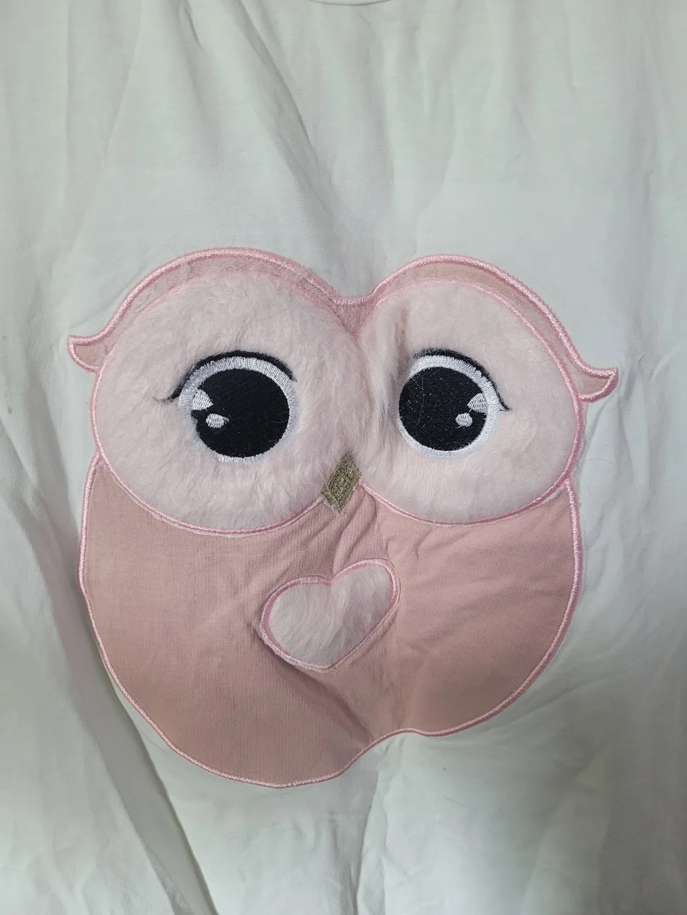 White Women's Long-Sleeve Pajama Top with Pink Owl Appliqué